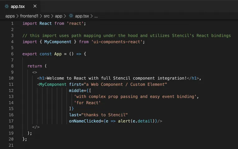 Stencil web components rendered inside a React app with generated React wrappers