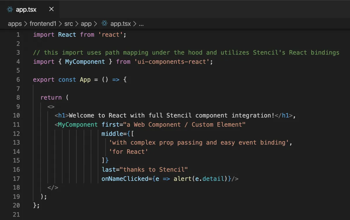 Stencil web components rendered inside a React app with generated React wrappers