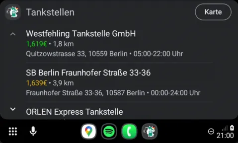 Spritpreise Deutschland list view on Android Auto, showing nearby stations with their diesel and petrol prices