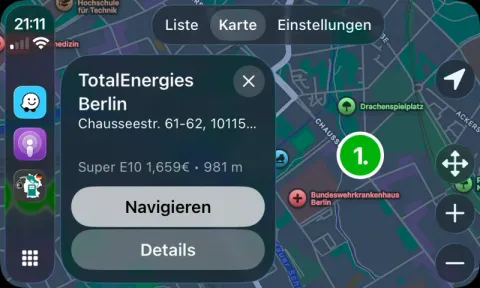 Station detail on Apple CarPlay with the current fuel prices and the distance to the station