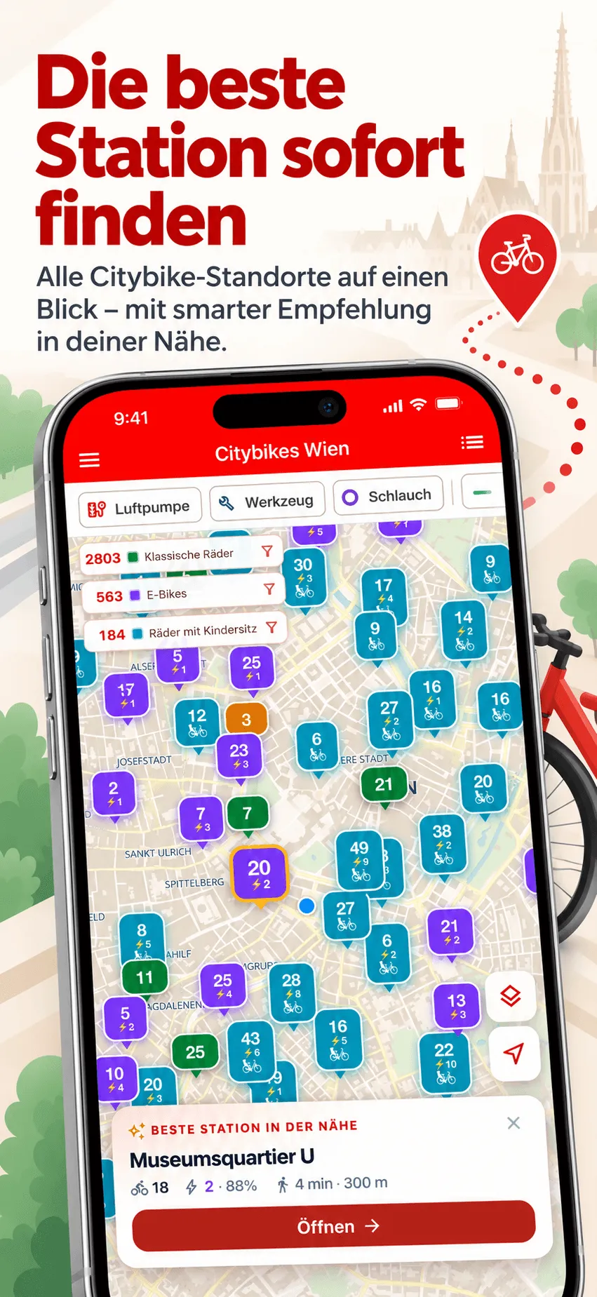 Citybikes Vienna map with every WienMobil Rad station and the best station nearby