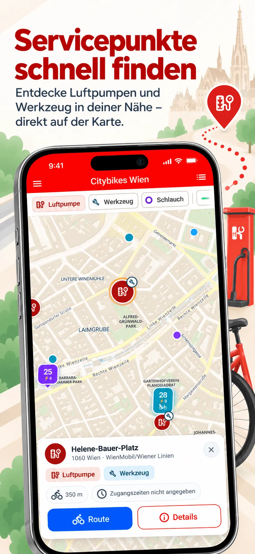 Air pumps and bike repair stations on the map with a selected service point