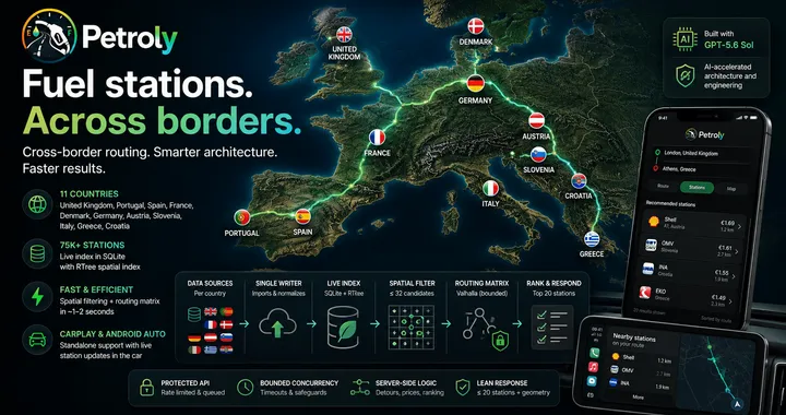 Petroly route-planner icon surrounded by a ring of country flags for every supported cross-border market