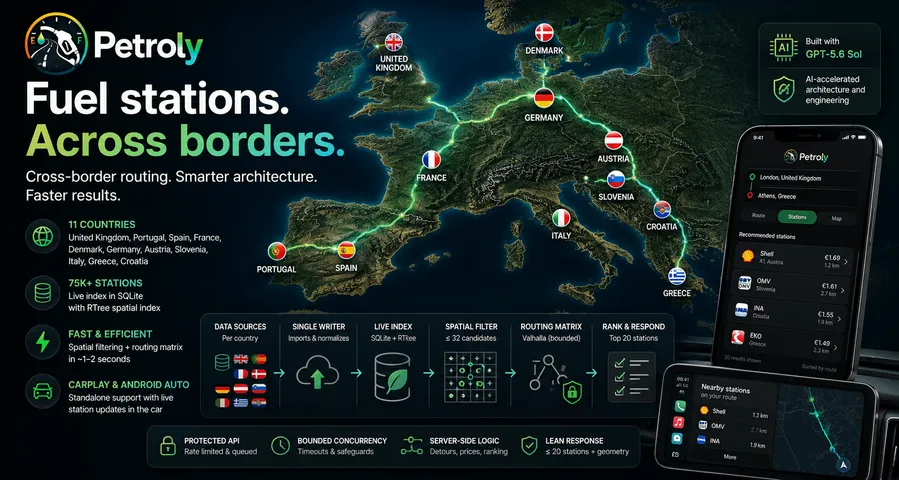 Petroly route-planner icon surrounded by a ring of country flags for every supported cross-border market