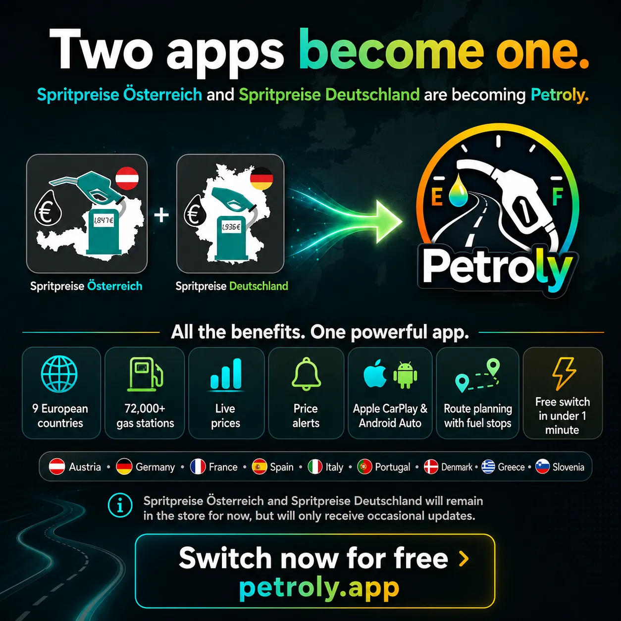 Two apps become one. Spritpreise Österreich and Spritpreise Deutschland are becoming Petroly.