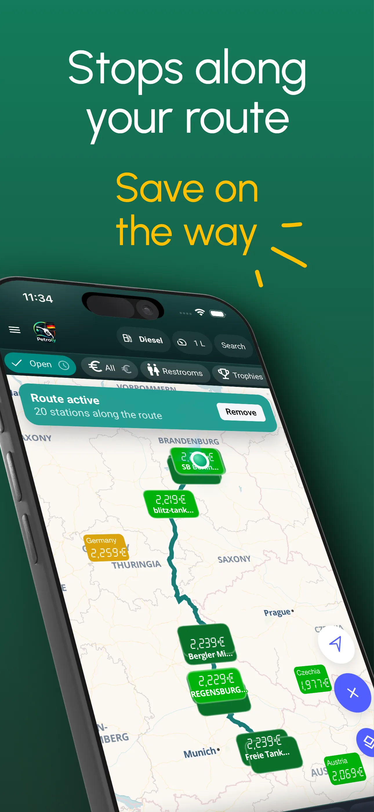 Petroly route mode showing fuel stops along a journey