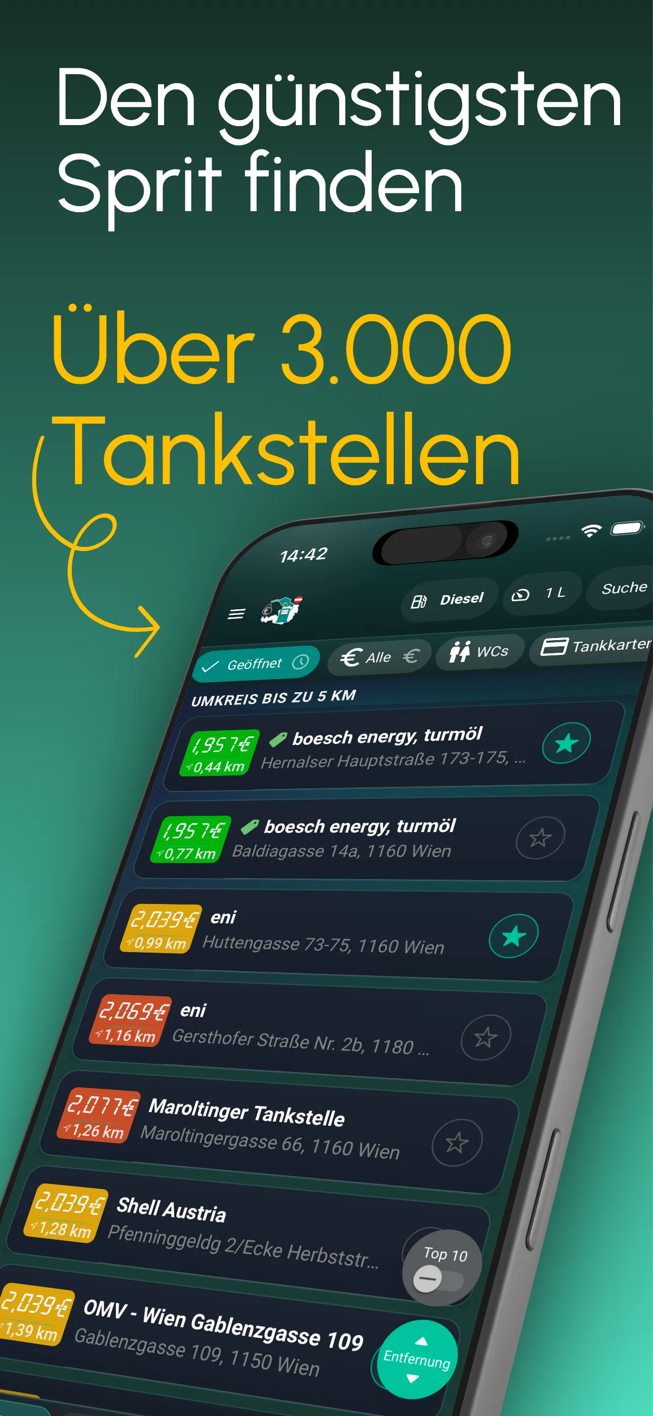 Station list sorted by price near your location