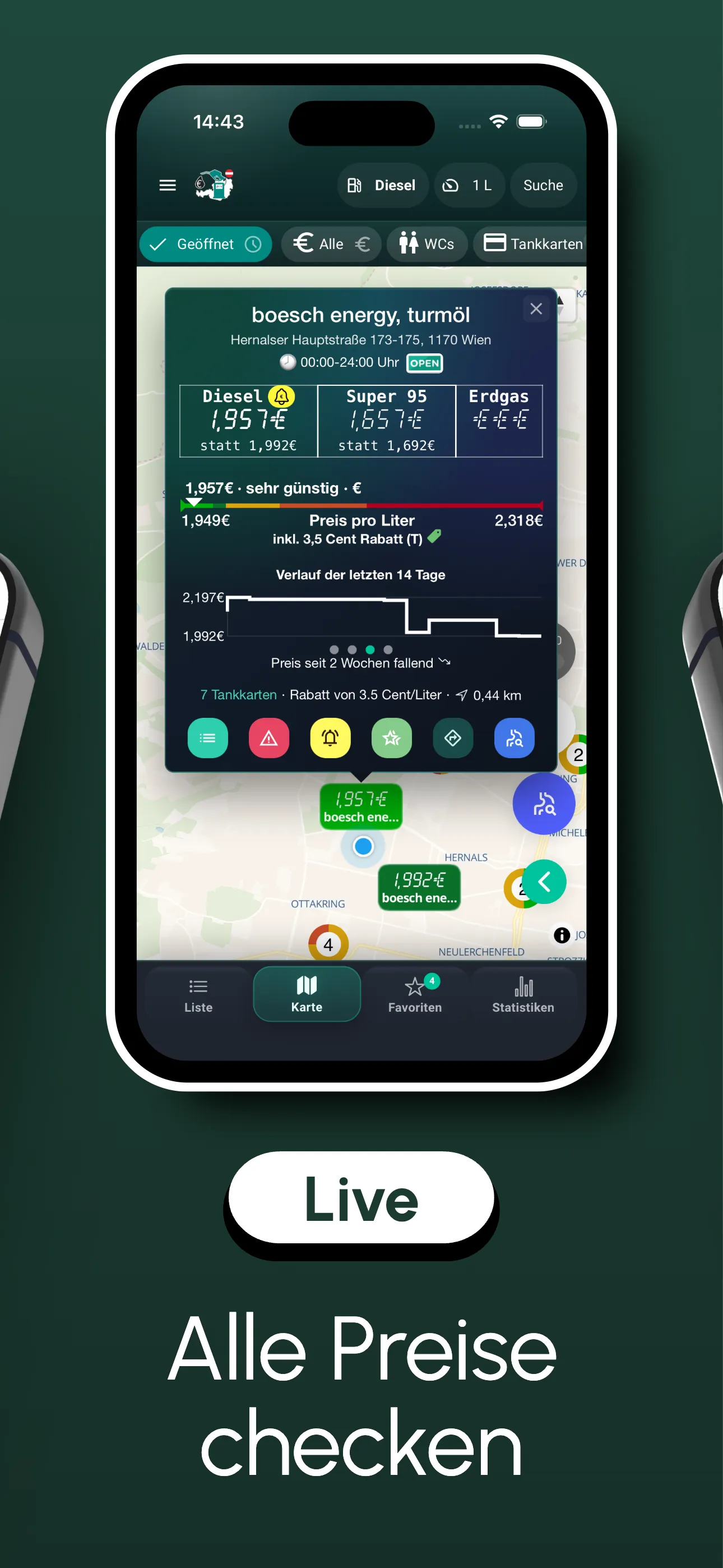 Station detail with live prices, price history chart, and map