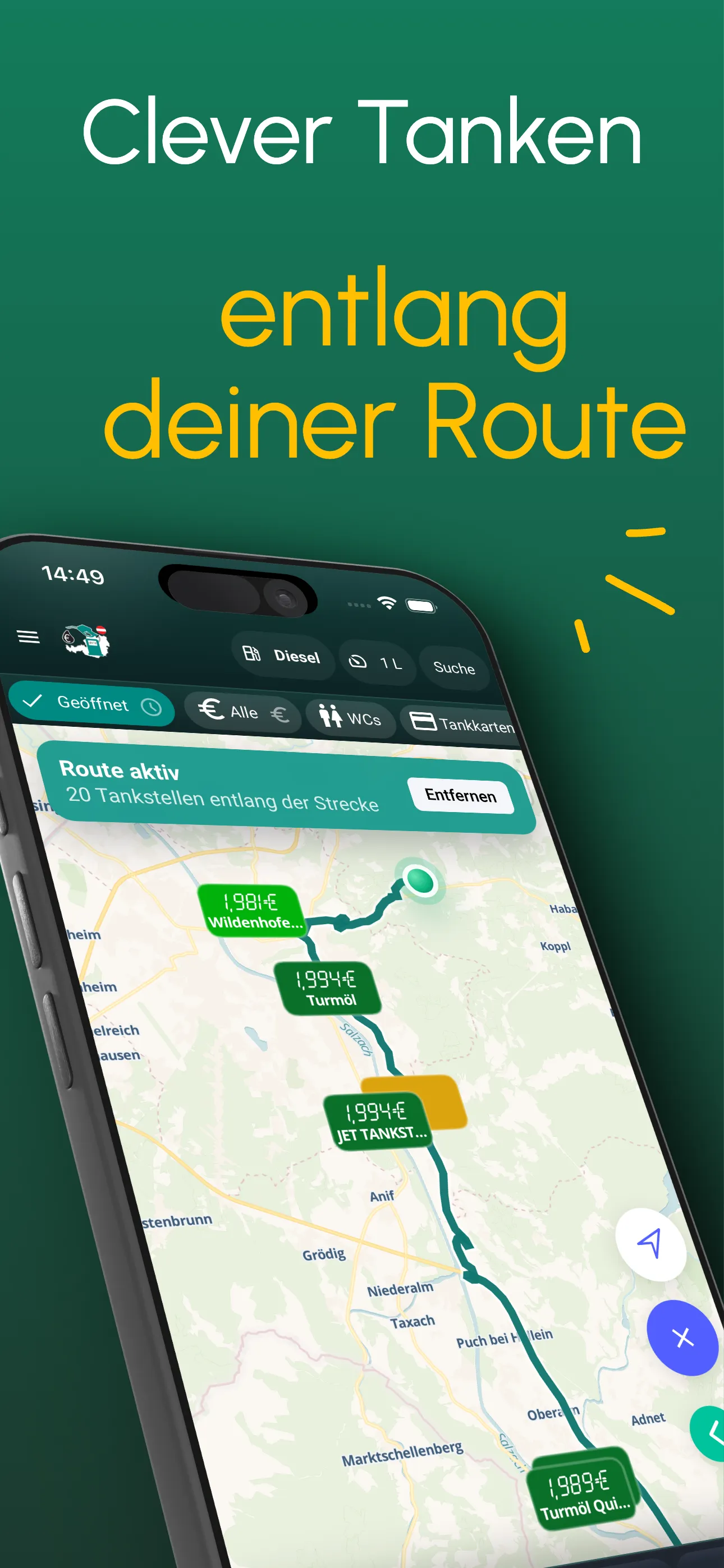 Route mode showing cheap stations along a planned journey