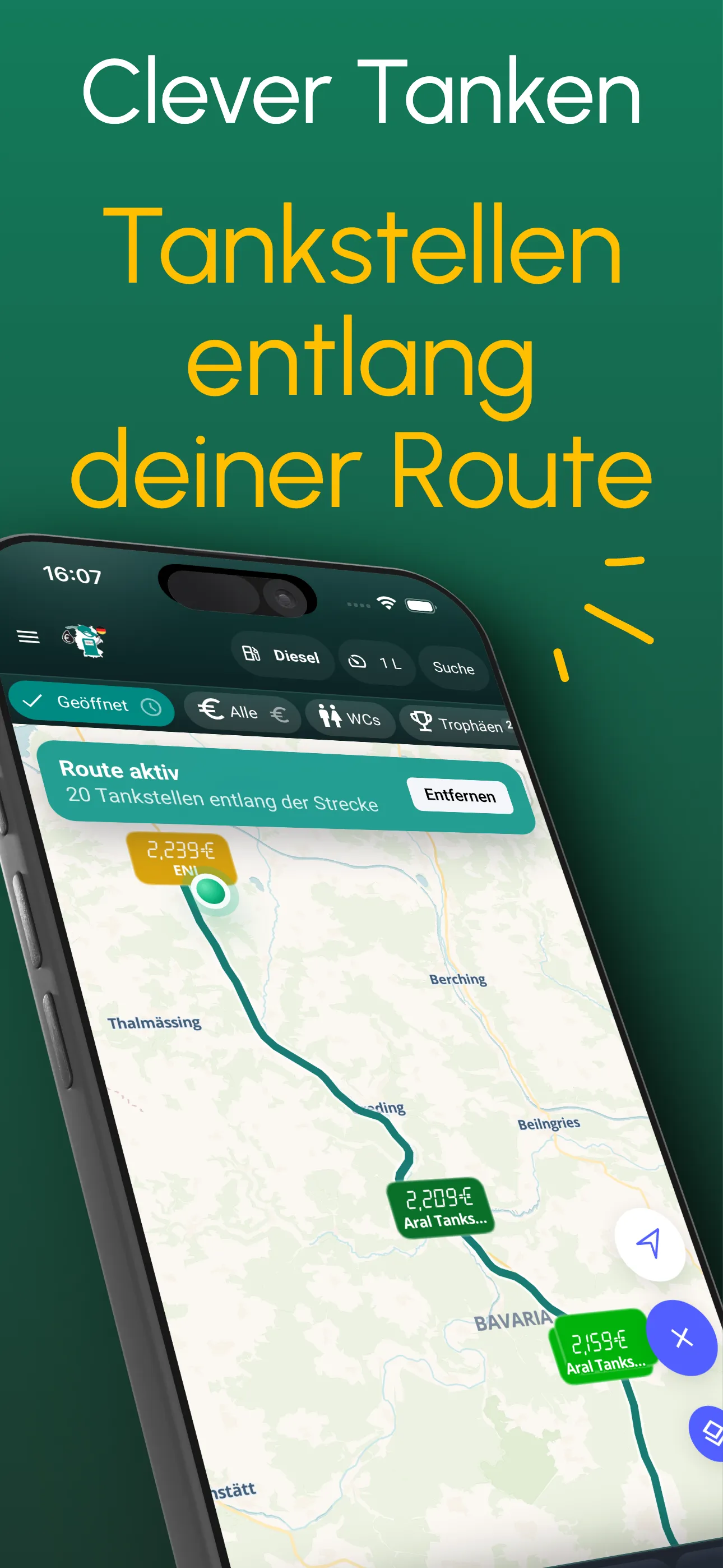 Spritpreise Deutschland route mode showing cheap stations along a journey