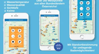 Three screenshots of the Wassertemperatur in Österreich app: a feature checklist for water temperature, quality, visibility and germ counts, a map with over 260 measurement points across Austria, and a lake detail popup with a nearby-search callout