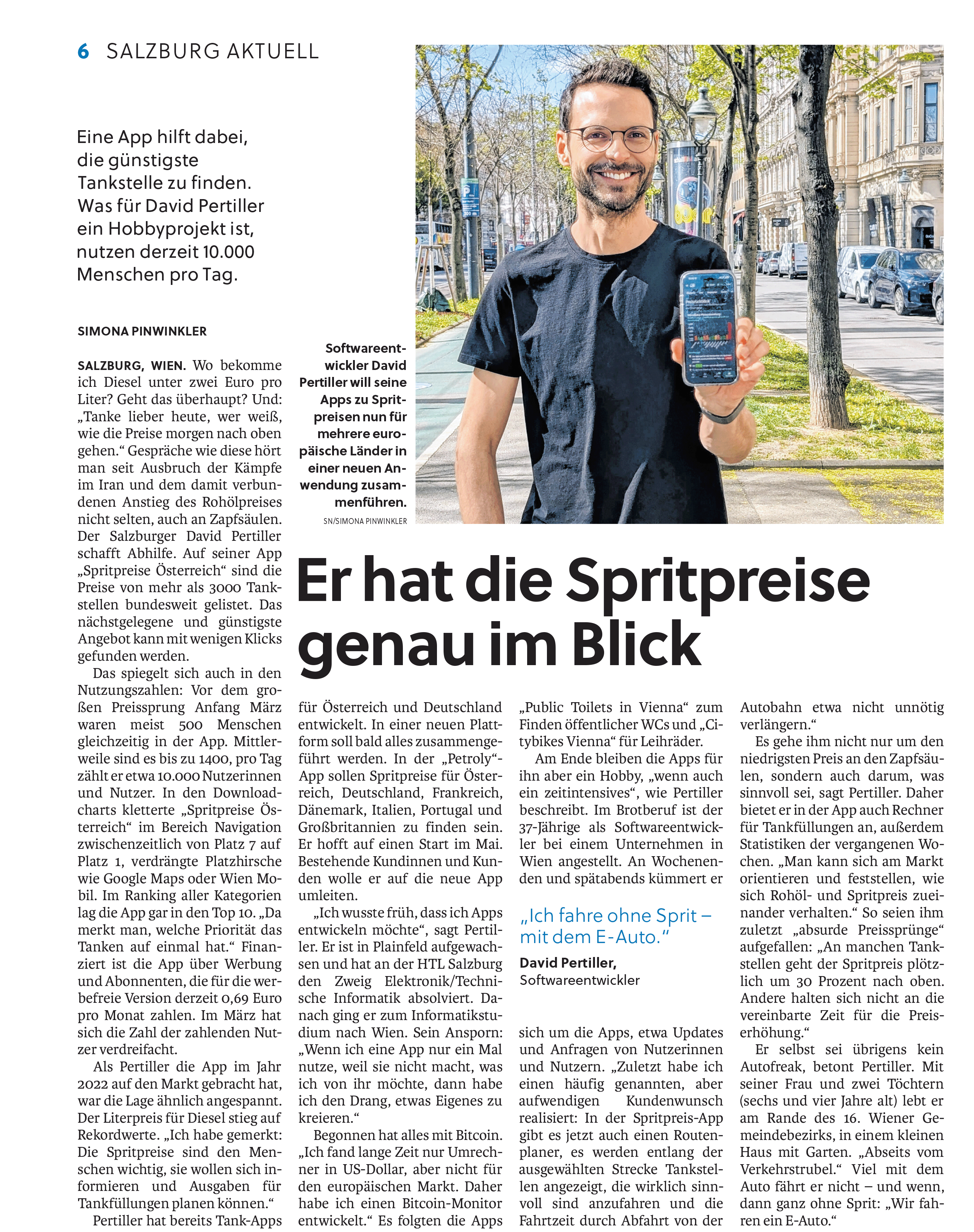Salzburger Nachrichten article, April 14 2026: Er hat die Spritpreise genau im Blick
