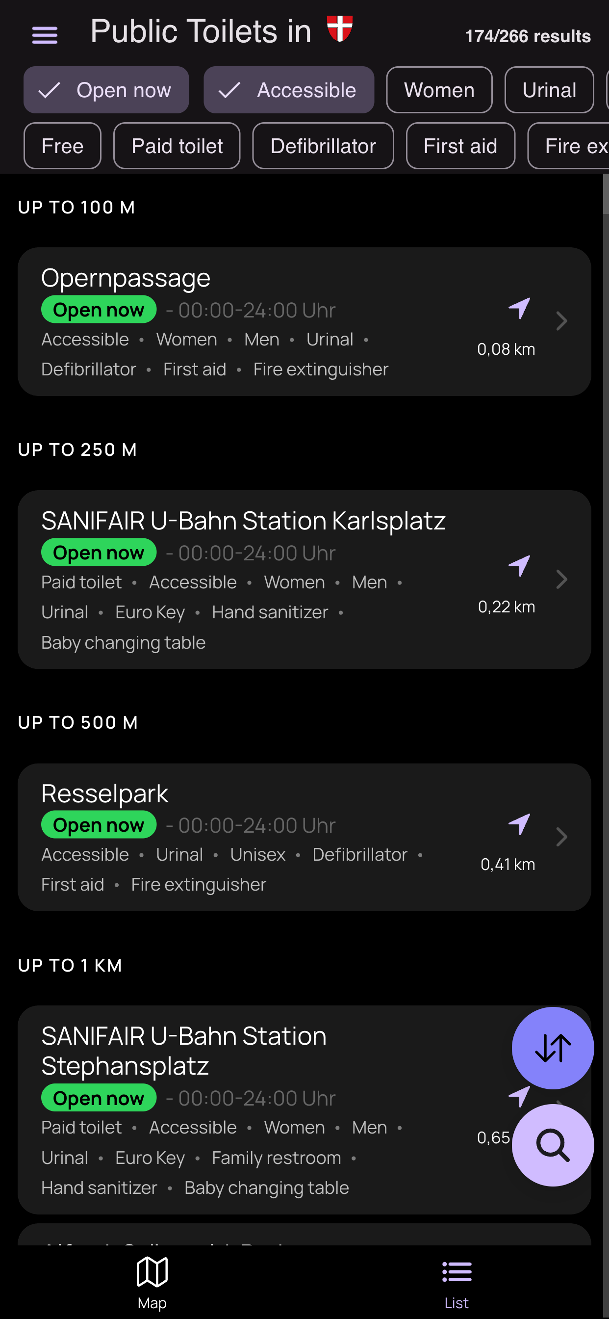 List view sorted by distance, showing open status and facilities for each toilet