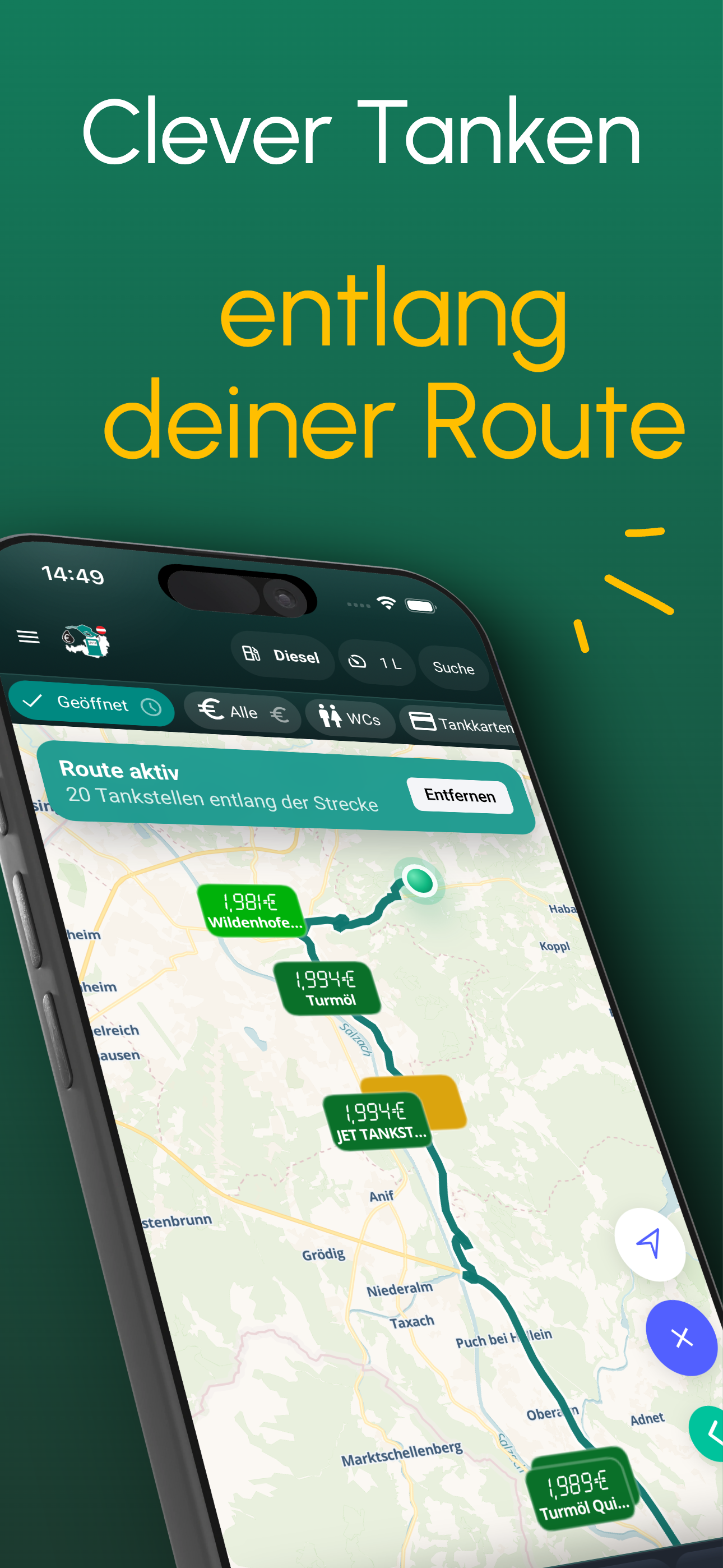 Route mode showing cheap stations along a planned journey